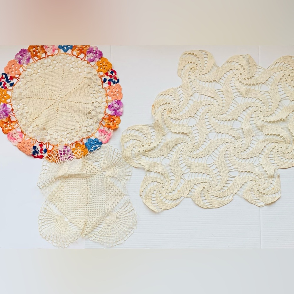 Crochet Doilies Lot of 3 Large Vintage 13” 16” 28” Multicolored Vintage Handmade